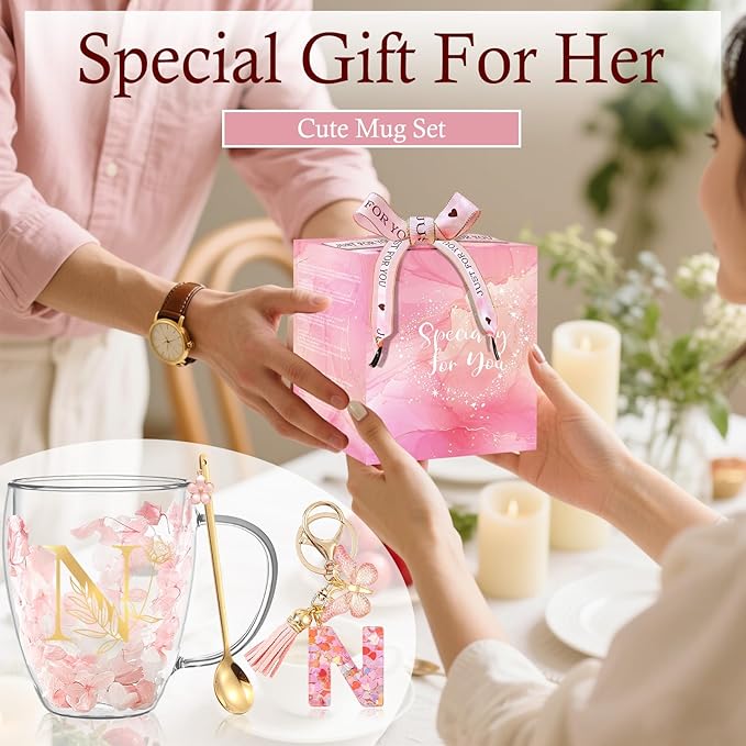Personalized Gift for Women Flower Glass Coffee Mug Initial Tea cup Monogrammed Customized Bridesmaid Bride Wedding Gifts Graduation Gifts Valentine Mother's Day Birthday Christmas Gift (N)