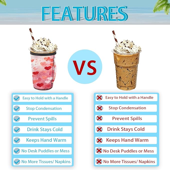 Valentine's Day Hearts Reusable Coffee Sleeves Iced Coffee Cozy Insulator,Love Dream Neoprene Holder with Handle for Cold Coffee or Ice Drink, Medium 24-28oz