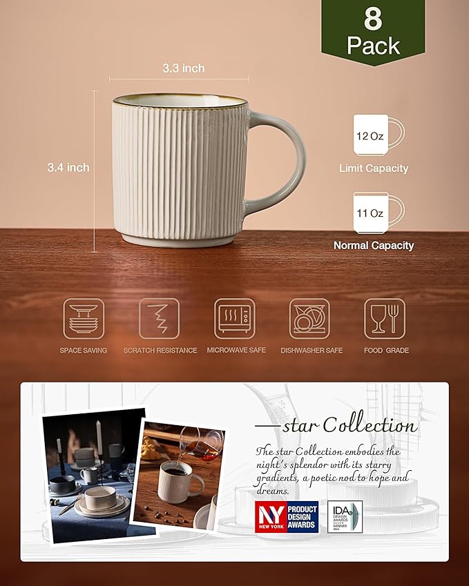 famiware Coffee Mug Set for 8, Star 12 oz Catering Mugs Cup Set with Handle for Coffee, Tea, Cocoa, Milk - Ceramic Stoneware Drinkware Set, White