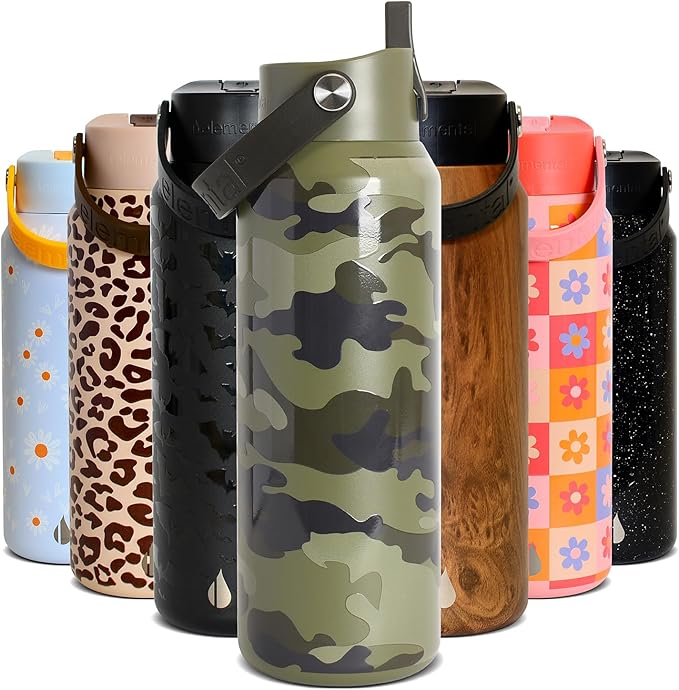 Elemental 40oz Insulated Water Bottle with Straw - 100% Leak-Proof Stainless Steel Core Water Bottles for Travel, Sports and Gym - Double Wall Insulation & BPA Free - Dark Green Camo