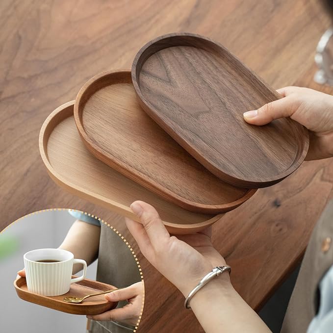 Mini Serving Trays for Parties, Small Decorative Tray for Tea＆Coffee, Oval Wooden Plates for Serving Food for Appetizer＆Vegetables for Bathroom 7.8"×4.6" (Acacia, Set of 2)