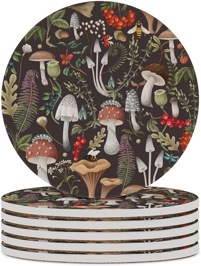 Round-6PCS Botanical Ceramic Coasters, Round Absorbent Drink Coasters, Vintage Cartoon Abstract Botanical Mushroom Plants Pattern Ceramic Table Coasters for Coffee, Beverage, Wine, Beer Coasters