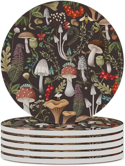 Round-6PCS Botanical Ceramic Coasters, Round Absorbent Drink Coasters, Vintage Cartoon Abstract Botanical Mushroom Plants Pattern Ceramic Table Coasters for Coffee, Beverage, Wine, Beer Coasters