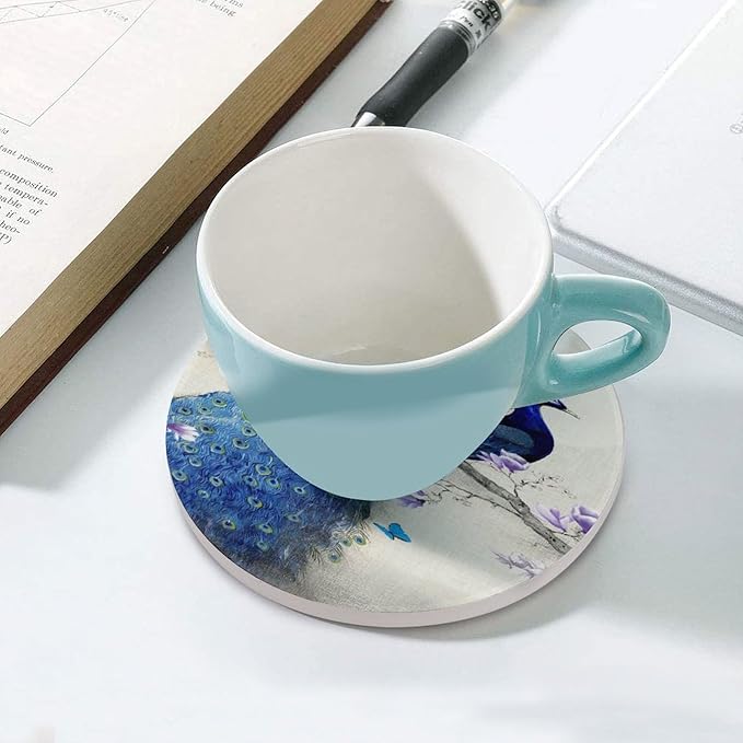 Peacock Drink Coasters, Round Ceramic Drink Coaster Round-6PCS, Vintage Style Beautiful Blue Peacock Floral Decor Absorbent Ceramic Coasters for Beverage Cup, Bar, Coffee Table