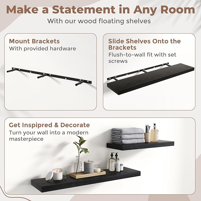 Floating Shelves for Wall with Invisible Brackets, Wall Mounted Engineered Wood Shelves with Wood Grain for Living Room, Bedroom, Bathroom, Kitchen Decor and Storage, Oak, 71"L Set of 2, Black