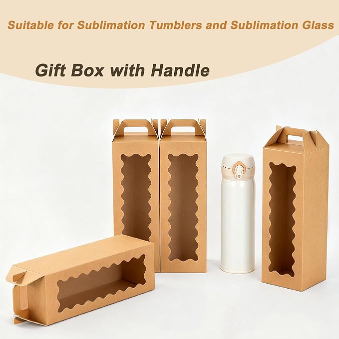 Hzzycaxli 20Pcs Tumbler Gift Box with Handle for 18oz 20oz 30oz Sublimation Glass,Cup boxes for packaging 16oz,water bottle gift boxes,Tumbler Packaging Boxes with window for gifts（Brown）