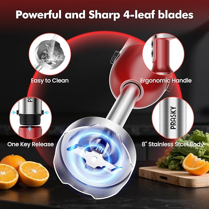 Immersion Blender Handheld Hand Blenders, 20 Speed & Turbo Mode Hand Held Blender, Heaviest Duty Copper Motor, Stainless Steel Blades, Milk Frother Wand, Whisk, 600ml Beaker, 500ml Chopper (Red)