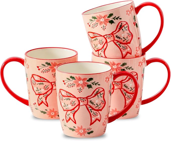 HASENSE Coffee Mugs Set of 4,16oz Ceramic Cups with Handle for Kitchen,Pink Bow Valentine's Day Latte Mugs for Hot Cocoa,Tea,Milk & Latte,Large Festive Stylish Mug Gift,Microwave and Dishwasher Safe