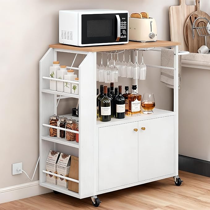 YITAHOME Kitchen Island Cart with Power Outlet, 36 Inch Mobile Kitchen Cart with Open Shelves, Rolling Portable Serving Utility Carts on Wheels with Storage for Kitchen, Dining Room, White
