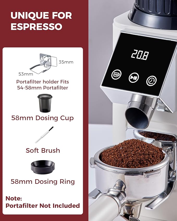 Tuni G1 Conical Burr Coffee Grinder, 48 Grind Settings Anti-static Burr Mill, Precision Electronic Timer and LED Touchscreen for Espresso/Drip/Cold Brew/French Press, Stainless Steel, Ivory