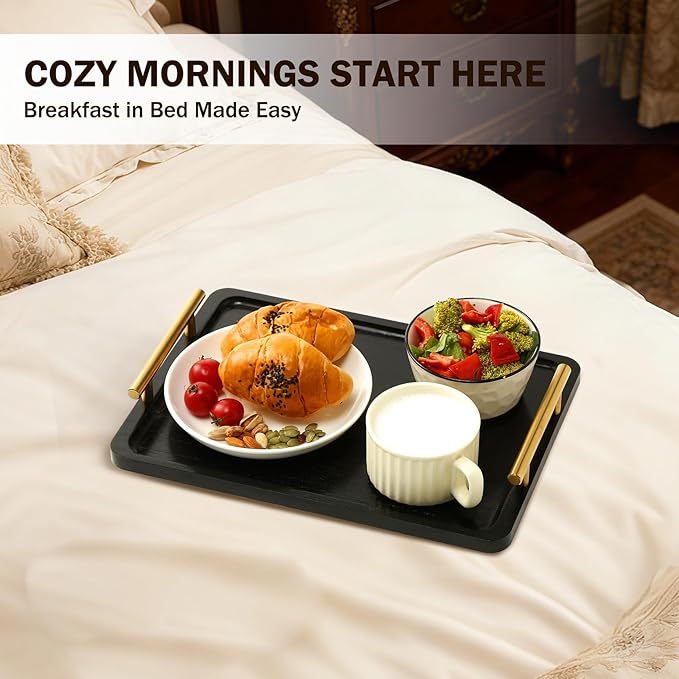 PEKER Wooden Serving Tray with Metal Handles, Black Decorative Coffee Table Tray for Breakfast in Bed, Ottoman & Home Décor, Wooden Food Tray for Kitchen, Living Room & Dining Table