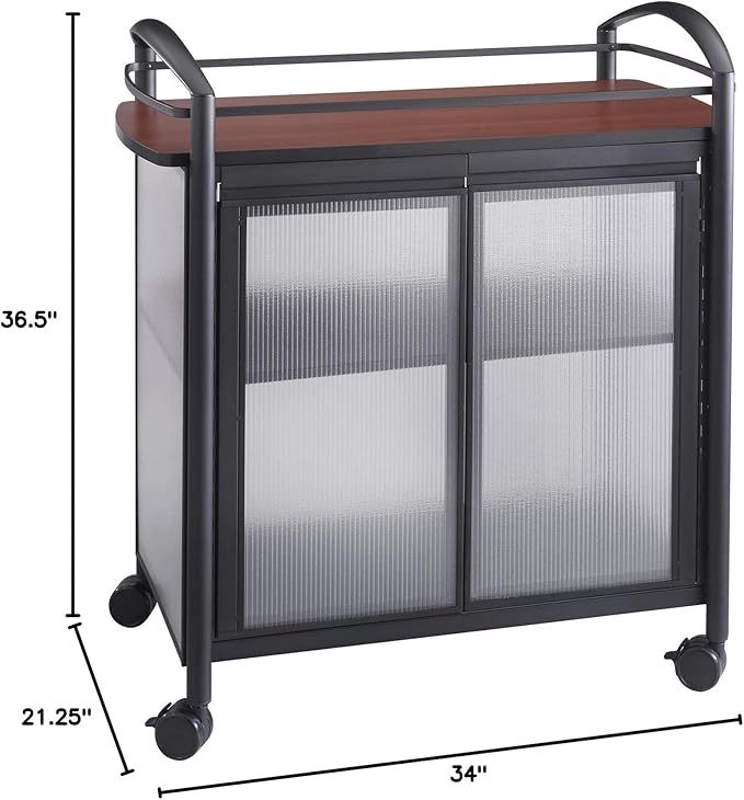 Safco Impromptu Refreshment Cart, 200 lbs. Capacity, Double Doors, Swivel Wheels, Cherry Top, Black Frame