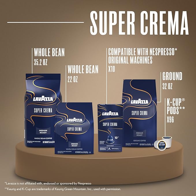 Lavazza Super Crema Whole Bean Coffee, Medium Espresso Roast, Arabica and Robusta Blend, 22 oz Bag (Pack of 6)