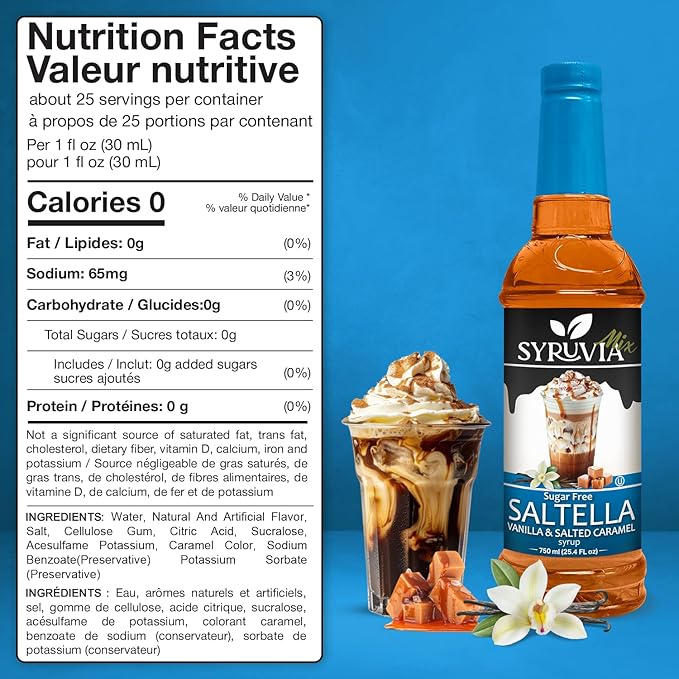 Syruvia Sugar Free Coffee Syrup, SALTELLA Syrup, Vanilla Salted Caramel Flavored Syrup for Drinks, Lattes, and Desserts – 25.4 fl oz, With Pump