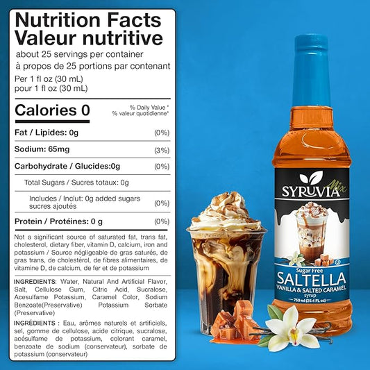 Syruvia Sugar Free Coffee Syrup, SALTELLA Syrup, Vanilla Salted Caramel Flavored Syrup for Drinks, Lattes, and Desserts – 25.4 fl oz, With Pump