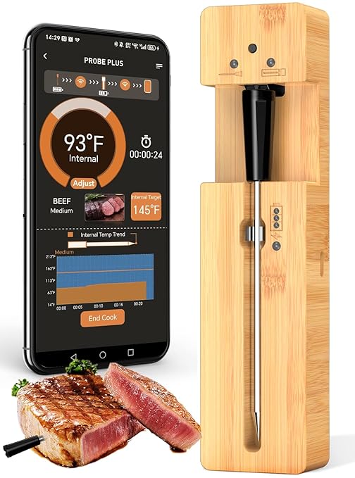 Real-Time Alerts Wireless Meat Thermometer - Smart Bluetooth Probe for BBQ, Grill, Oven, Smoker - Long Range Bluetooth, Accuracy Temp, Dishwasher Clean, Waterproof - Perfect for BBQ Lovers & Chefs
