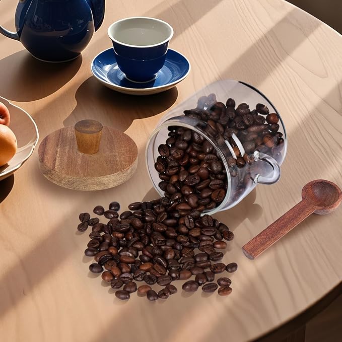 Glass Coffee Bean Storage Container, Wood Lid with Spoon, Airtight Silicone Seal, BPA-Free (400ML/13.53OZ)