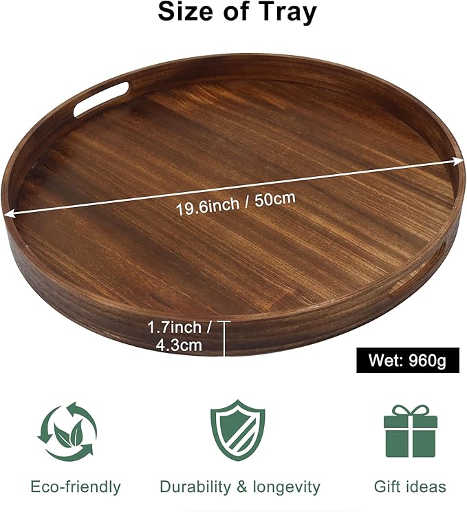 Round Decorative Tray, Extra Large Wooden Serving Tray with Handles, 11.8in Vintage Brown Decorative Trays for Coffee Table,Kitchen Counter,bandejas decorativas