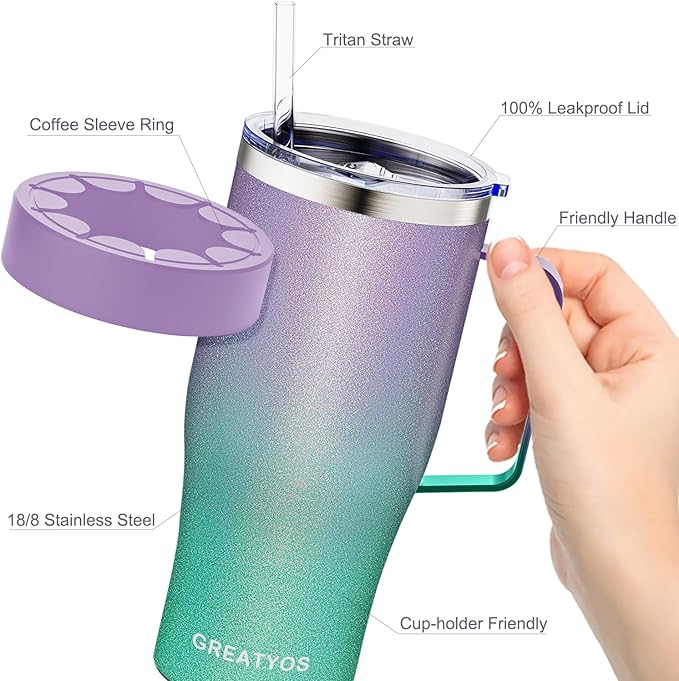 Universal Iced Coffee Sleeve with Handle - Insulated Double Wall Reusable Stainless Steel Holder Insulator for Cold Drinks Fits Small Medium Large To Go Cups Gifts for Men Women Him Her (Glitter)