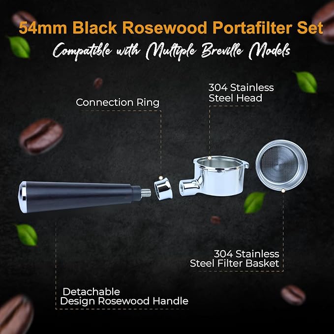 54mm Bottomless Naked Portafilter Black Rosewood Set – Compatible with 54mm Breville Espresso Machines – Includes 18g Filter Basket & 53.35mm Puck Screen, 0.9mm 150μm