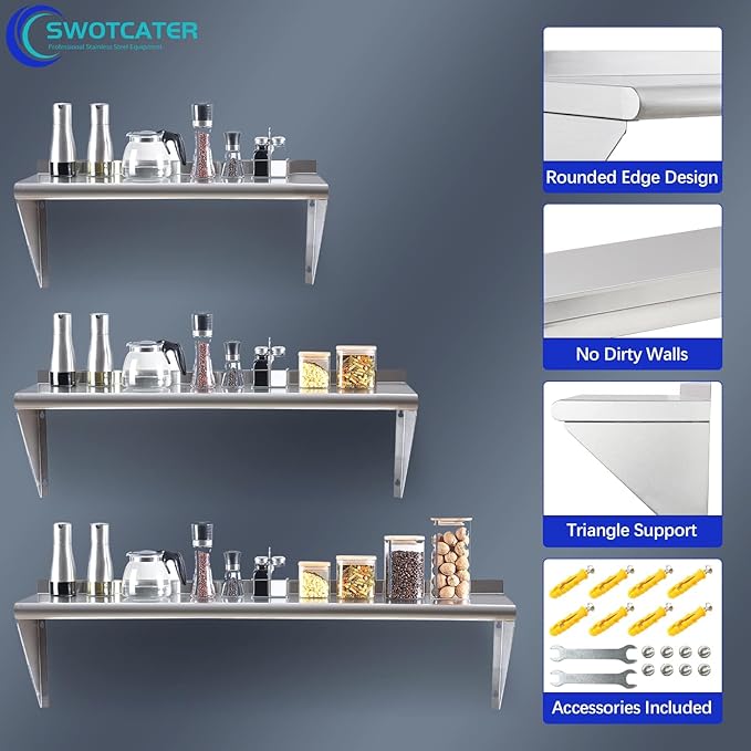 Stainless Steel Shelf 12"x36", Space-Saving Wall Mounted Shelving, 280lb Heavy Duty Steel Shelves with Easy-Clean Surface for Kitchen, Restaurant, Bar, Hotel (Commercial & Home Use)
