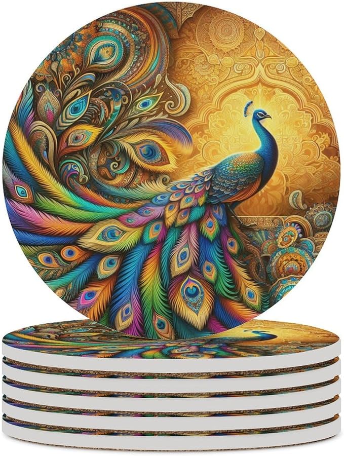 Round-6PCS Peacock Drink Coasters, Round Modern Ceramic Absorbent Coasters, Beautiful Colorful Floral Peacock Boho Art Pattren Decor Desk Coffee Table Coaster for Beverage Cup Tea Coasters