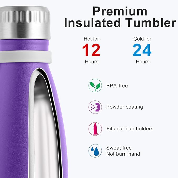 koodee 17 oz Stainless Steel Double Wall Vacuum Insulated Water Bottle,Kids Water Bottle for School, Cola Shape Leak Proof Sports Flask (Purple)