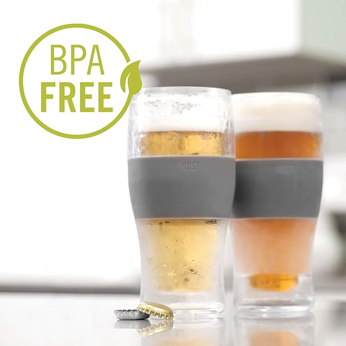 HOST Freeze Beer Glasses, 16 ounce Freezer Gel Chiller Double Wall Plastic Frozen Pint Glass, Set of 4, Black and Grey