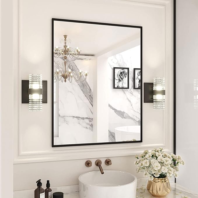 LOAAO 28"X36" Black Rectangle Bathroom Mirror Wall, Matte Black Aluminum Alloy Frame, Tempered Glass, Hangs Vertically or Horizontally, Easy to Install