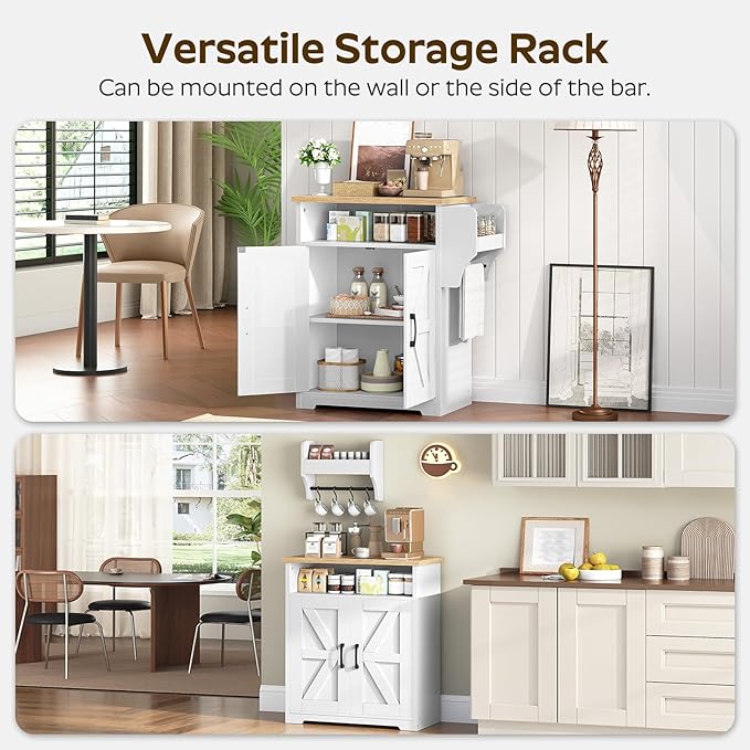 Coffee Bar Cabinet, Kitchen Island with Storage, Farmhouse Sideboard Buffet Cabinet with Dual-Purpose Floating Shelf and Hooks, for Kitchen Living Room, White and Natural KF22WN