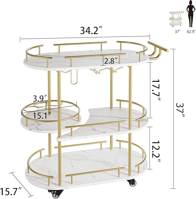 GarveeHome Gold Bar Carts with 4-Tiers Storage Shelves, Mobile Bar Seving Carts on Wheels with Wine Rack and Glass Holder for Kitchen, Dining Room, Living Room