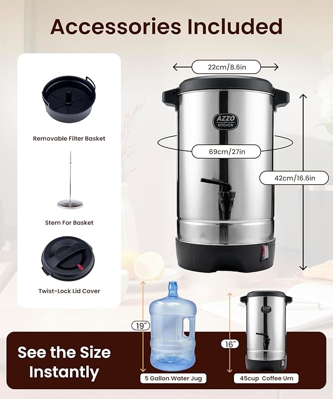 AZZO KITCHEN Commercial Coffee Maker 45-Cup Large Coffee Urn with Percolator Coffee Pot Electric 6.9L Stainless Steel Fast Brew Hot Water Dispenser for Tea Catering Events Home Office Easy Cleaning