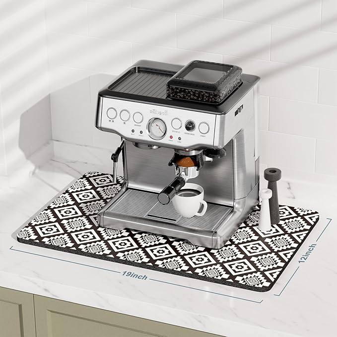 Rnivvi Coffee Mat, 12" x 19" Cute Coffee Bar Mats for Espresso Machine Station Accessories and Organizer, Hide Stain Rubber Backed Absorbent Dish Drying Pad for Kitchen Counter, Modern Abstract Art