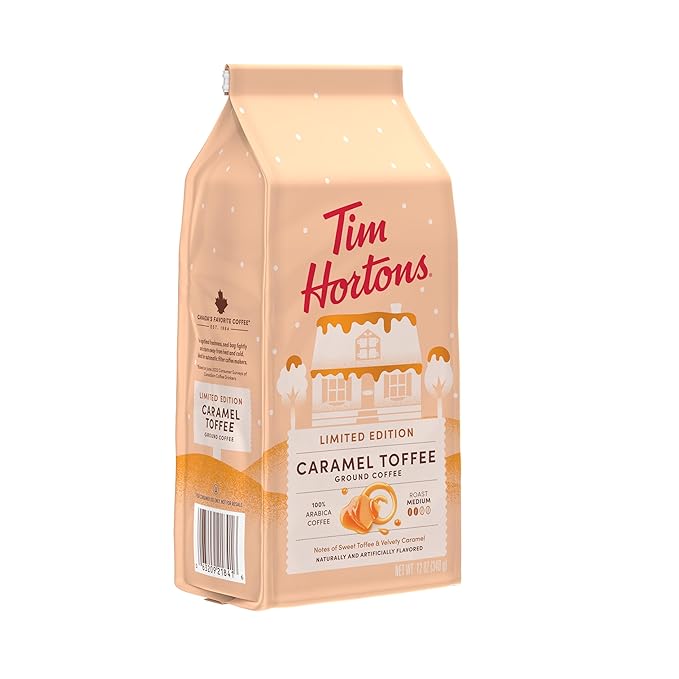 Tim Hortons 12oz Ground Bag, Caramel Toffee Flavored 100% Arabica Coffee (Pack of 2)