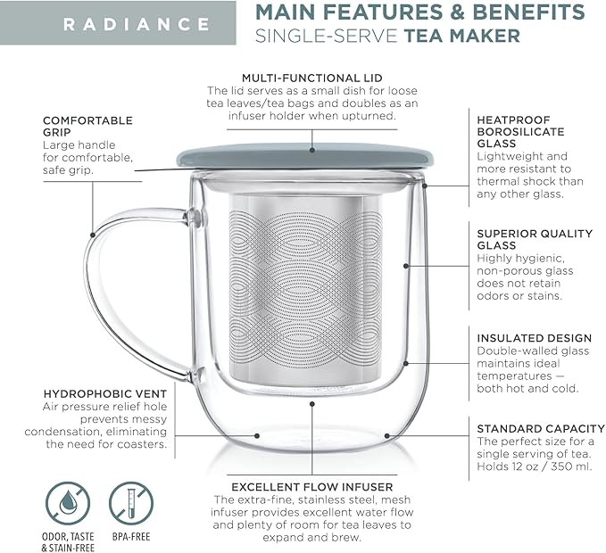 Teabloom Tea-For-One Steeping Mug – Insulated Double Wall Glass Mug (12 oz), Stainless Steel Infuser, Porcelain Lid/Coaster – Great For Brewing Loose Leaf Tea