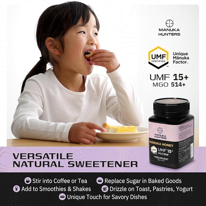 Manuka Hunters UMF 15+/MGO 514+ Certified New Zealand Manuka Honey - 100% Pure Natural Sweetener - Gluten, Dairy Free - Ideal for Tea, Coffee, Smoothies, and Baking - Sustainable - 1.1lbs/500g Jar