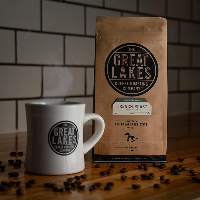 Great Lakes Dark Roast Whole Bean Coffee, Organic Detroit French Roast Signature Blend, Fair Trade Sourced from Peru, 12 Ounces
