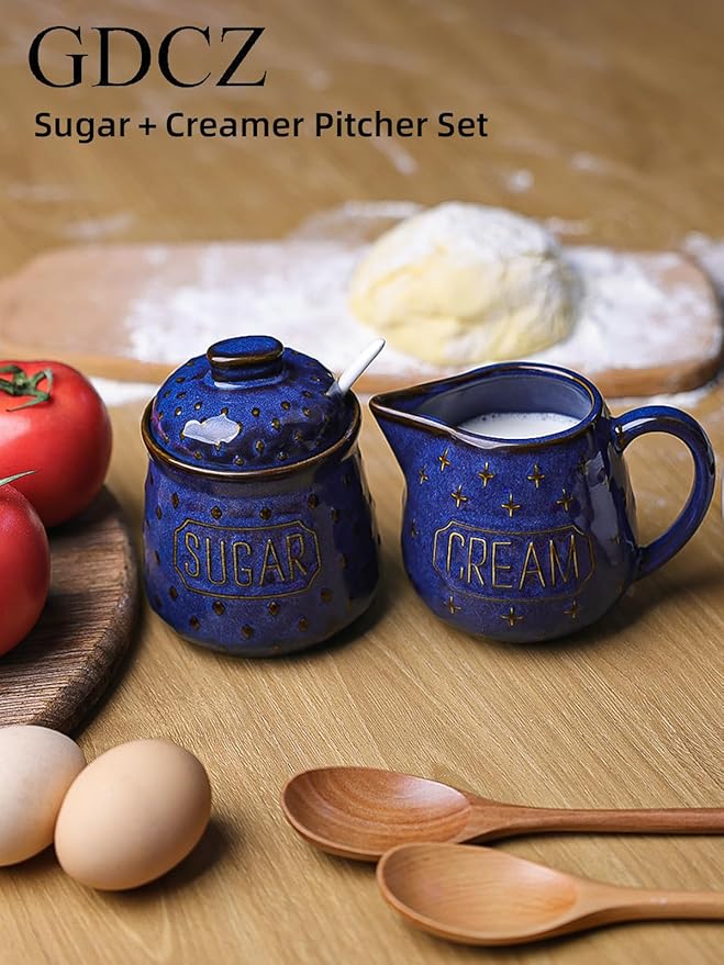 GDCZ Ceramic Sugar and Creamer Set, Coffee Serving Set, Sugar Bowl with Spoon and Cream Pitcher, Milk Creamer and Sugar Container (Blue)