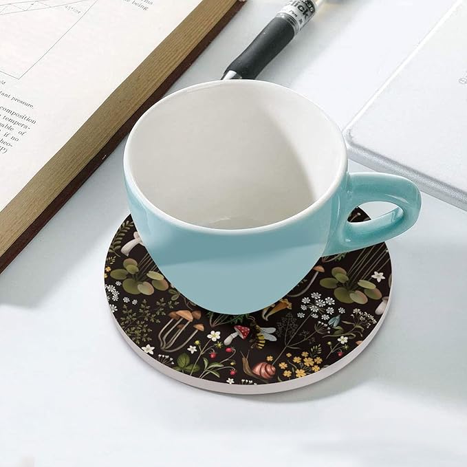 Botanical Drink Coasters, Round Ceramic Drink Coaster Round-6PCS, Cartoon Mushroom Floral Plants Pattern Botanical Decor Absorbent Ceramic Coasters for Beverage Cup, Bar, Coffee Table
