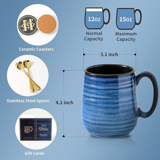 HASENSE Coffee Mugs Set of 2, 12oz Ceramic Glazed Mugs with Handles, Blue Reactive Glazes Tea Cups Gift Set for Men and Women, Includes Gold Spoon & Coaster
