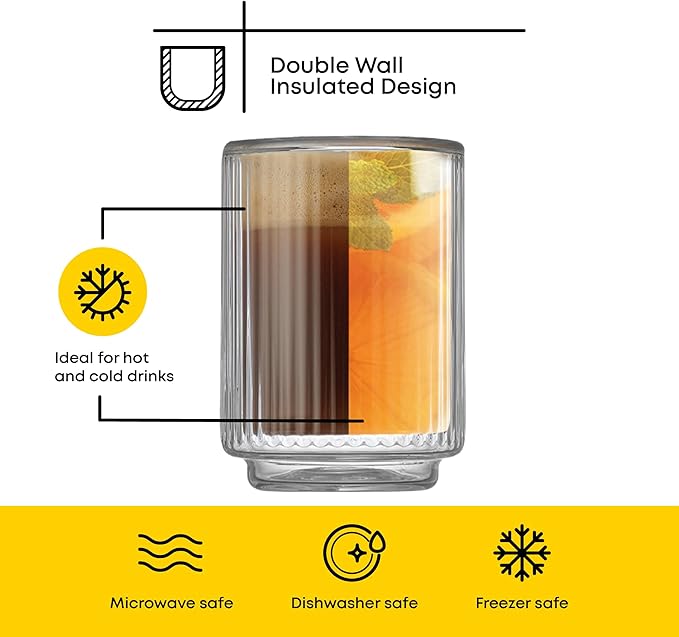 JoyJolt Haven Fluted Stackable Espresso Cups Set of 4, 2.5oz Ribbed Double Wall Glasses, Stacking Insulated Coffee Cup Set, Small Glass Coffee Cups for Espresso Machine Accessories
