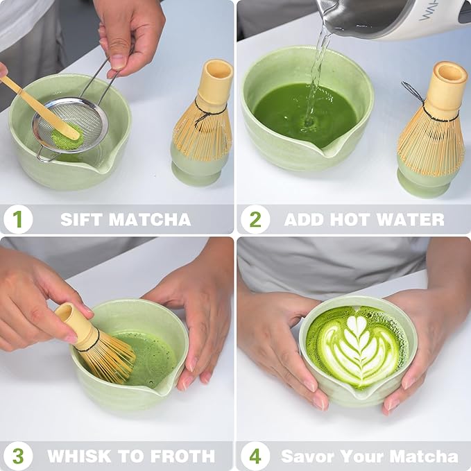 Matcha Whisk Set, Premium Ceramic Matcha Bowl with Spout, Bamboo Whisk, Chasen Holder, Sifter, Scoop, Complete Tea Making Kit for Matcha Lovers, Beginner Starter Set Valentine's Day Gift, Green