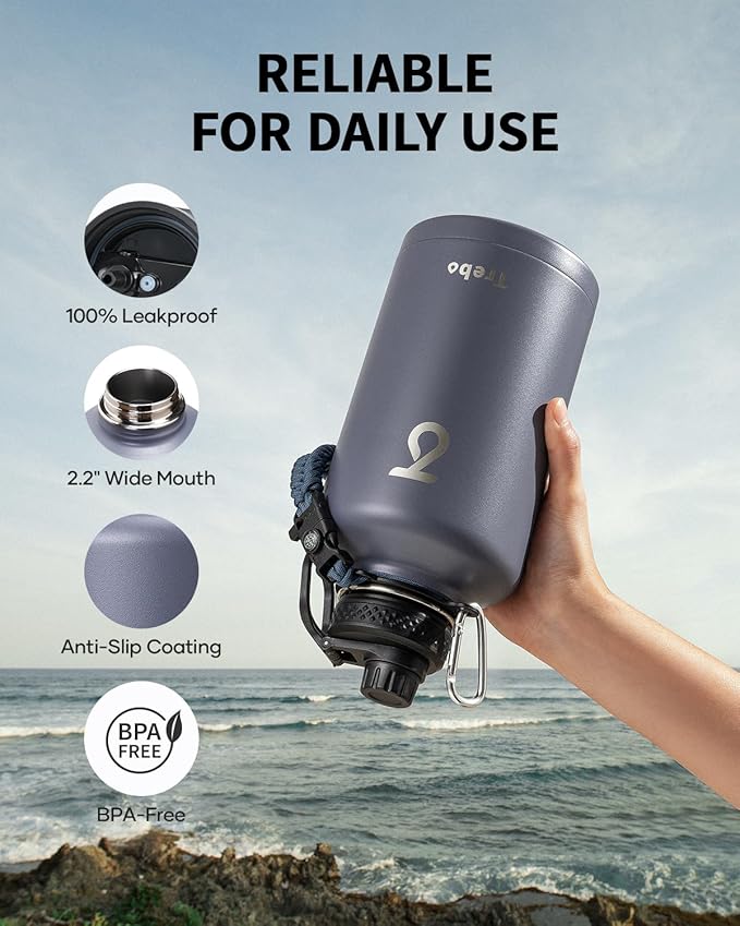 Trebo Water Bottle 64oz with Paracord Handle, Half Gallon Large Vacuum Double Wall Stainless Steel Insulated Water Jug with Holder Strap Straw Spout Lids, Leakproof Keep Cold & Hot, Grayish purple