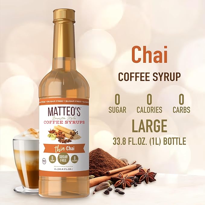 Matteo's Chai Syrup for Coffee, Lattes, Cappuccinos & Desserts – Sugar-Free Sweetener for Beverages, Keto Friendly, Zero Calories, Indulgent Flavor, Non-Alcoholic, Ideal for Hot Drinks 33.8oz (6pk)