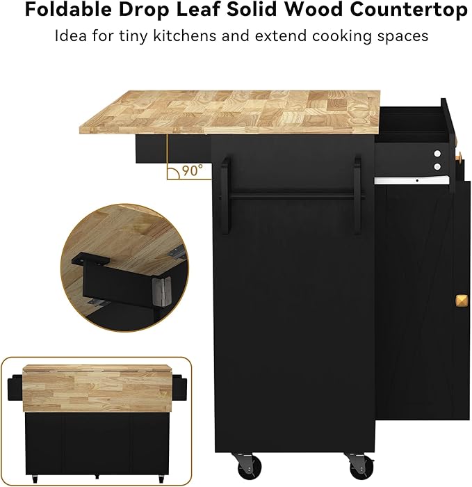 Kitchen Island with Storage, Rolling Kitchen Islands Cart with Solid Wood Countertop, Mobile Drop Leaf Kitchen Prep Table on Wheels with Wine Rack and Drawers