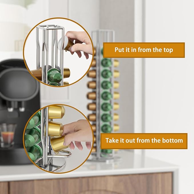 SEVENLINE Coffee Pod Holder Stand Compatible With Nespresso Original Pods Carousel Storage Rack Capsules Organizer For 40 Capsules (Silvery)
