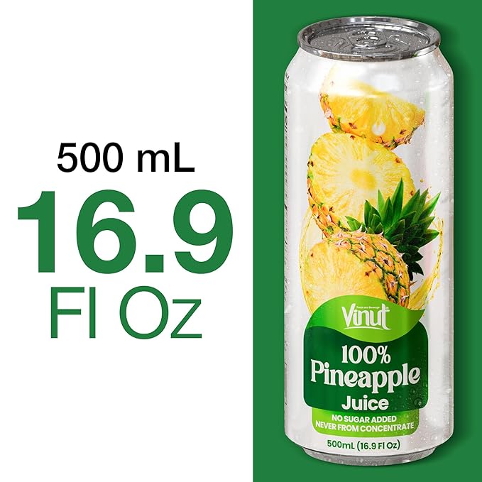 VINUT 100% Pineapple Juice, No Added Sugar, Not From Concentrate, 16.9 fl oz (500 mL) Can, Pack of 6