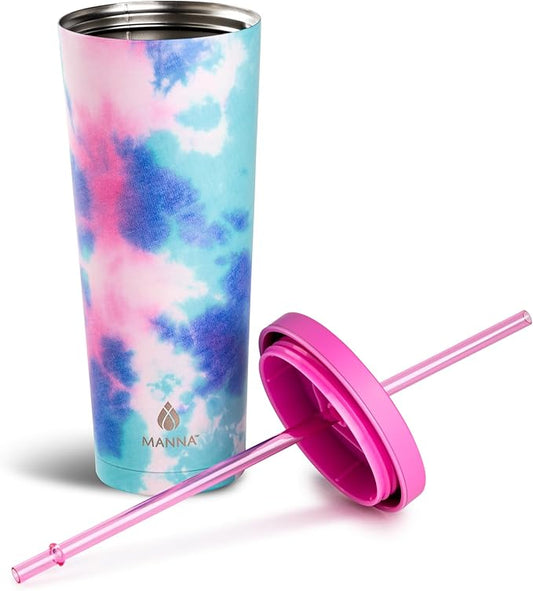 Manna Chilly Double-wall Vacuum Insulated Stainless Steel Tumbler with Splash-proof Lid and Reusable Tritan Straw - 24 Oz - Bright Tie Dye