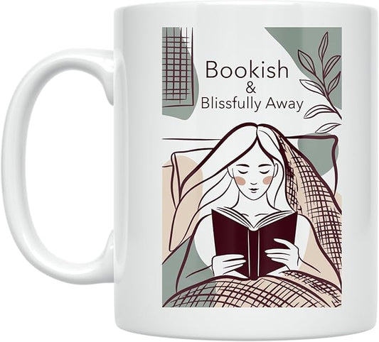 Book Lover Coffee Mug - Bookish & Blissfully Away Design - 11 oz White Ceramic - Minimalist Aesthetic