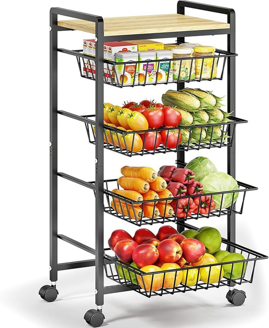 TOOLF 5-Tier Kitchen Cart with Tabletop, Rolling Snack Cart with Lockable Wheels, Fruit Vegetable Storage Basket with 4 Pack Mats, Metal Storage Rack with Pull-Out Pantry Cart for Organizer